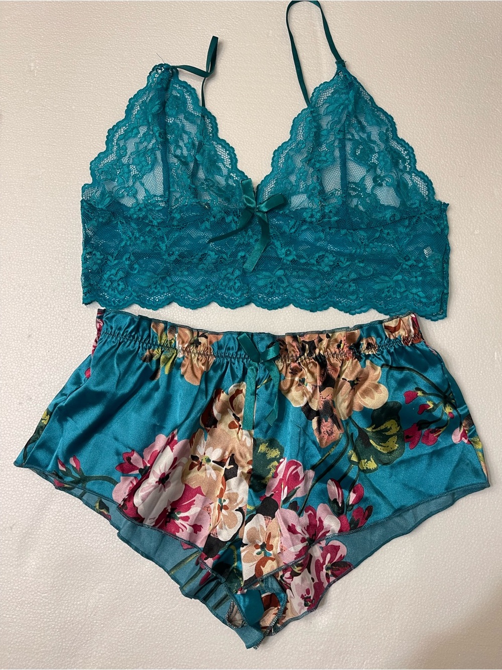 Teal Lace Bralette & Floral Satin Short Sleep Set